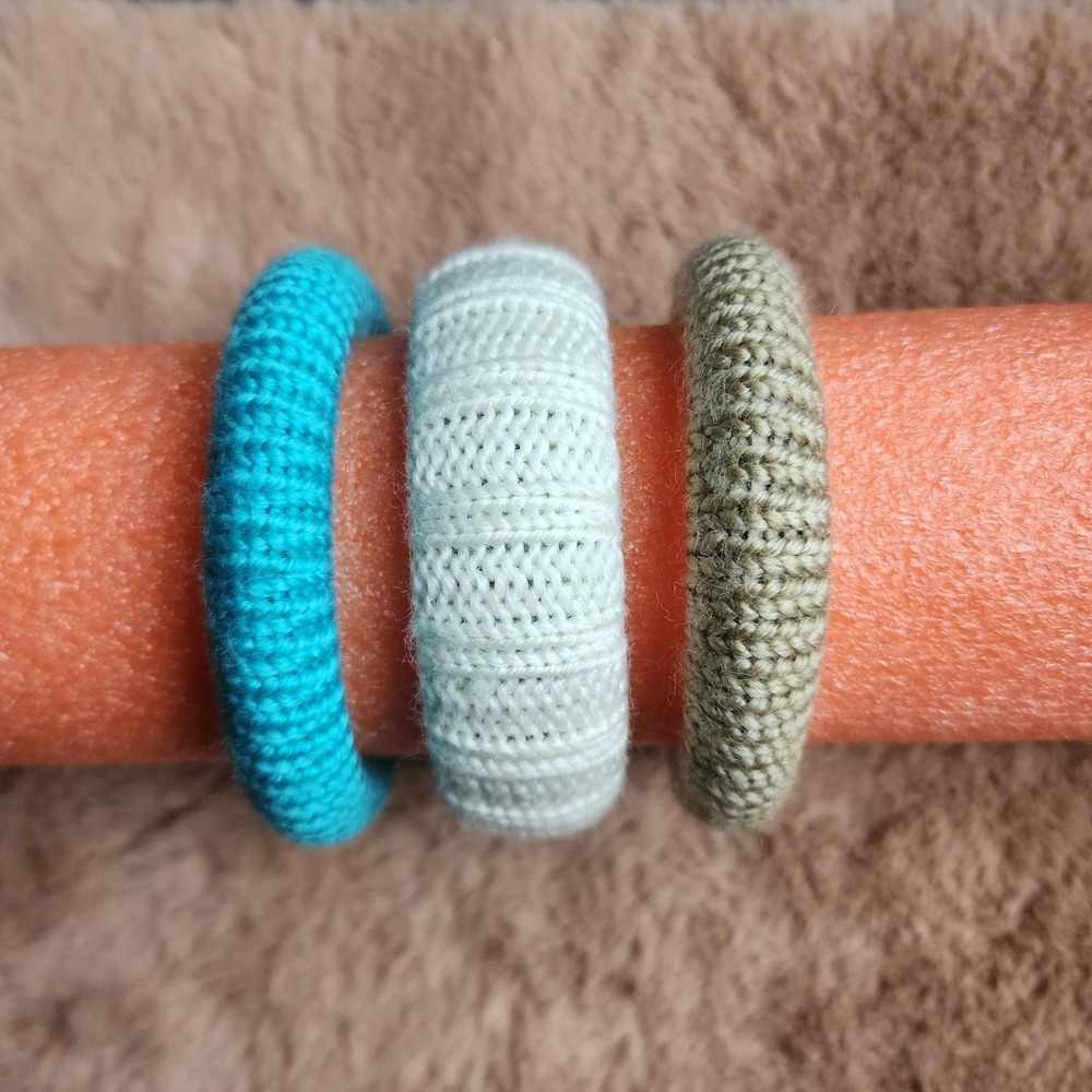 Set of 3 Woven Wrapped Sweater Bangle Bracelets Teal, Cream & Gray